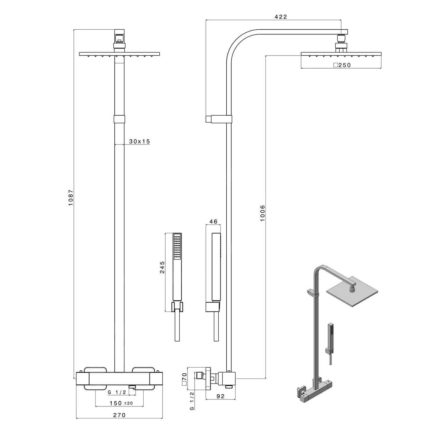 Sapho Dimy - Doucheset 250x250 Mm Met Thermostaat, Mat Zwart DM322BL 4 Sapho Dimy - Doucheset 250x250 Mm Met Thermostaat, Mat Zwart DM322BL - Afbeelding 2