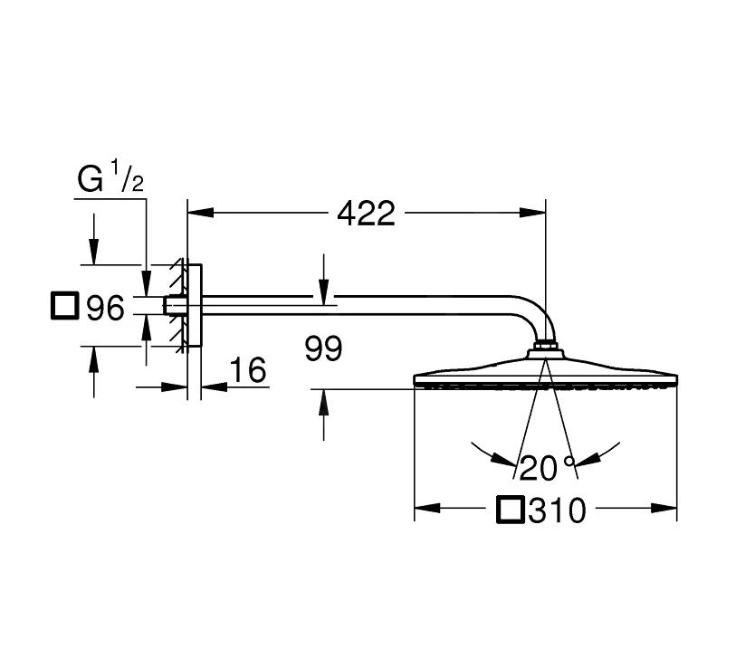 Grohe Rainshower - Hoofddouche 310 Mono Cube 9,5 L/min, 1 Straal, Douchearm 42 Mm, Geborsteld Hard Graphite 26564AL0 4 Grohe Rainshower - Hoofddouche 310 Mono Cube 9,5 L/min, 1 Straal, Douchearm 42 Mm, Geborsteld Hard Graphite 26564AL0 - Afbeelding 2