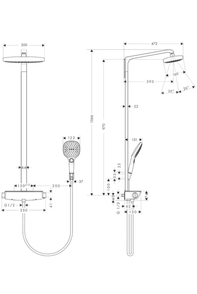 Hansgrohe Raindance Select E - Showerpipe 300 Doucheset Met Thermostaat, 2jet, EcoSmart 9l/min, Chroom 27282000 4 Hansgrohe Raindance Select E - Showerpipe 300 Doucheset Met Thermostaat, 2jet, EcoSmart 9l/min, Chroom 27282000 - Afbeelding 2
